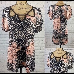 Floral & Cheetah Print Front Cutouts Top